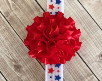 Big Girls Headband, 4th of July Headband, Girls Headband, Adult Headband, Red Satin Flower, Stars Headband, Big Hair, Red White Blue, Stars