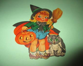 Vintage SMALL Witch Halloween Die Cut, JOL, Pumpkin, Cat, 1950's Halloween,