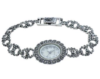 Natural Marcasite Antique-like Vintage fashion jewelry watches Gem stone 925 Sterling Silver Water Resistant Gemstones Jewellry