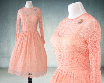 1950s Lace Party Dress Pink Rose Gold Vintage