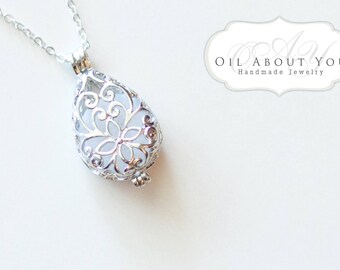 Essential Oil Diffuser Necklace Diffuser Rhodium Aromatherapy Necklace Sterling Silver Chain Locket Pendant Filigree Gift for her Teardrop