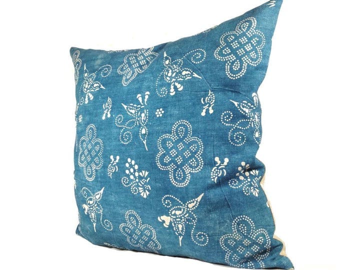 SALE! 18"x18" Vintage Indigo Batik Pillows, Old Chinese HMONG Batik Fabric Pillow Case, Ethnic Costume Textile Cushion Cover