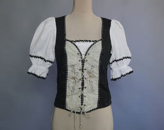 Dirndl Bodiece Black White Linen Top White lace blouse Lacing front Vintage folk Top Alpin Tyrolean Dirndl blouse German Style Oktoberfest
