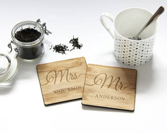 Wedding Gift, Mr and Mrs Gift, PERSONALISED Wooden Coasters, Gift for Bride and Groom, 5th Anniversary Gift