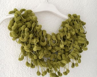 Pom pom Scarf, Mulberry scarf, cocoon scarf, Green Scarf, Yellow Crochet Necklace, Puffy Bubble Scarf, gift for her, Fashion Accessories