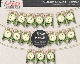 Spring Garland Bunting, Printable Party Banner for St Patrick's Day, Instant Download, Digital Collage Sheet, Lucky Clover, Emerald Green