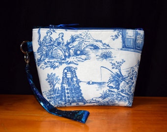 Tardis & Dalek~Toile De Jouy Blue Police Boxes~ Doctor Who~ Wristlet, Clutch Purse, Wristlet Bag with Detachable Strap