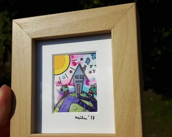 Miniatuur Art House C, originele kunst, Mixed Media Collage, Housewarming cadeau, geschenk inspiratie, huis opwarming van de aarde, weinig huizen kunst, nieuwe huis,