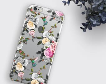 Hummingbird iPhone 7 Case Floral iPhone SE Case Clear Phone Case Rose Flower iPhone 6S Plus Case Transparent Samsung Galaxy S8 Case LG G5