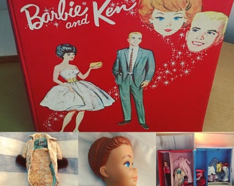 Vintage Barbie Lot 1960's Barbie Ken Red Wardrobe Carry Case with Midge 'Wigs Wardrobe' Doll, Clothes, Accessories