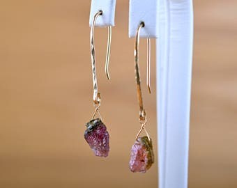Watermelon Tourmaline Earrings, Raw Tourmaline Earrings natural Green Pink Raw crystal Earrings: 14k Gold Filled, Rose Gold, Sterling Silver