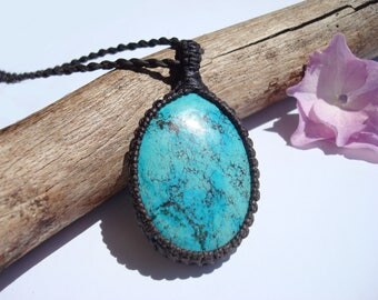 Turquoise Necklace/Throat Chakra/Macrame Jewelry/Divine Child/Turquoise Jewelry/Aqua Blue/Monkey/Gaia/Blue Stone Pendant/Turquoise Macrame