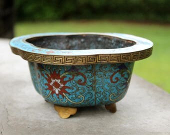 Antique Chinese Blue Cloisonne Bonsai Planter // Turquoise Flower Planter // Enamel // Brass // Footed Planter