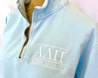 ANY letters - Any color! Comfort Colors quarter-zip sweatshirt with embroidered Greek letters and sorority name