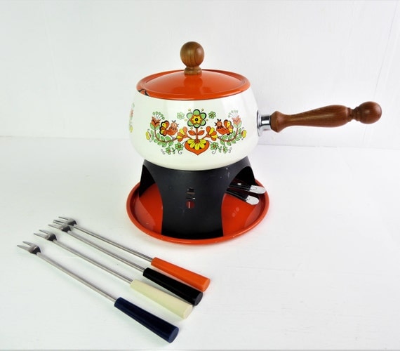 Fondue set mid century Enamelware folk art flower and bird