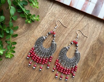 Long Bohemian Coral Earrings - Boho Style earrings - Tribal Earrings - Bali Earrings - Gypsy Style Earrings - Pink Earrings - Shiny Earrings