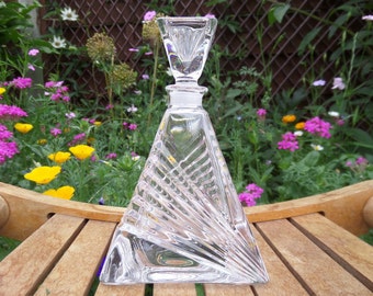 Art Deco Glass Perfume Bottle, Decanter Style, Geometric Shaped Bottle and Stopper, Clear Pressed Glass, 5.25" x 3.25" x 3.25", Immaculate