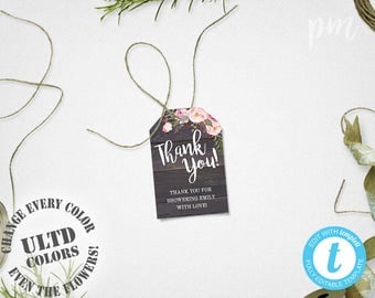 Baby Shower Favor Tags Template, Printable Rustic Floral Thank You Tags, Barn Wood Floral Gift Tags, Instant Download, For Wedding or Shower
