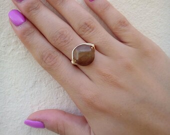 Olive Green Agate Ring, Gold Plated Agate Ring, Gemstone Ring, Gold Plated Ring, Wire Wrapped Ring, Tarnish Resistant Ring