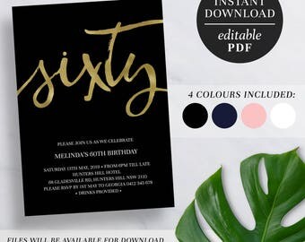 Printable 60th Birthday Invitation Gold Foil | Editable Template | Faux Foil | 60 | Sixty | 60th Birthday Invite | Navy | Pink | Black
