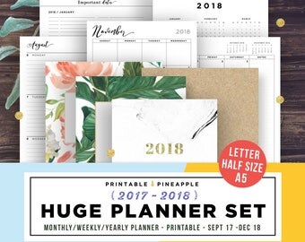 2018 Planner Printable, 2018 Agenda, Planner Inserts, Printable Planner 2017-2018, Weekly, Yearly, Half Size, A5, Letter, Monthly calendar