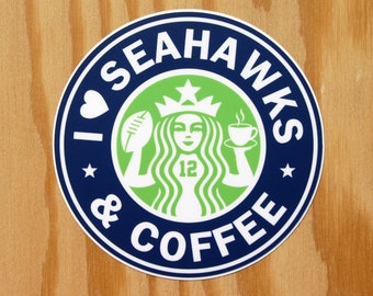 Seahawks & Coffee Sticker -- Starbucks Coffee Decal -- Seattle Coffee Sticker -- Hawks and Coffee -- Seattle Seahawk Decal -- I love Coffee