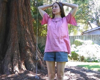 Antique 1910s 1920s handmade pink cotton angel sleeve blouse with floral gold lame embroidery // xs or small