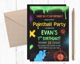Paintball Party, Paintball Invitation, Paintball Birthday Invitations, Paintball themed Party, Paintball invites, Paintball printable, army