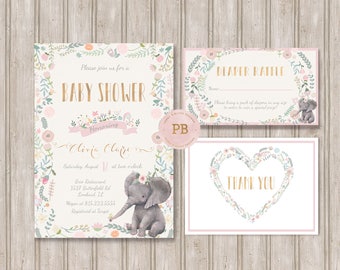 Elephant Baby Shower Invitation, Elephant Birthday Invitation, Girl Birthday, First Birthday, Jungle Animals, Oh Baby Invitation