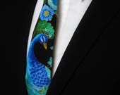 Peacock Necktie – Mens Floral Tie / Peacock with colorful Floral Motif, Alos Makes a Great Wedding Tie.
