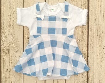 Baby Girl Halloween Costume, Baby Dorothy Dress, Newborn Halloween Costume, Blue Gingham Jumper Bodysuit, Infant Girl Halloween Outfit