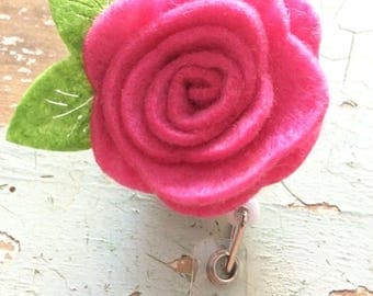 Pink rose flower ID badge reel holder retractable clip