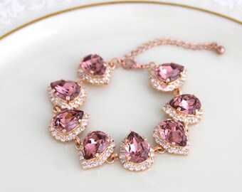 Rose Gold bracelet, Bridal bracelet, Blush crystal bracelet, Wedding jewelry, Statement bracelet, Bridesmaid bracelet, Swarovski bracelet