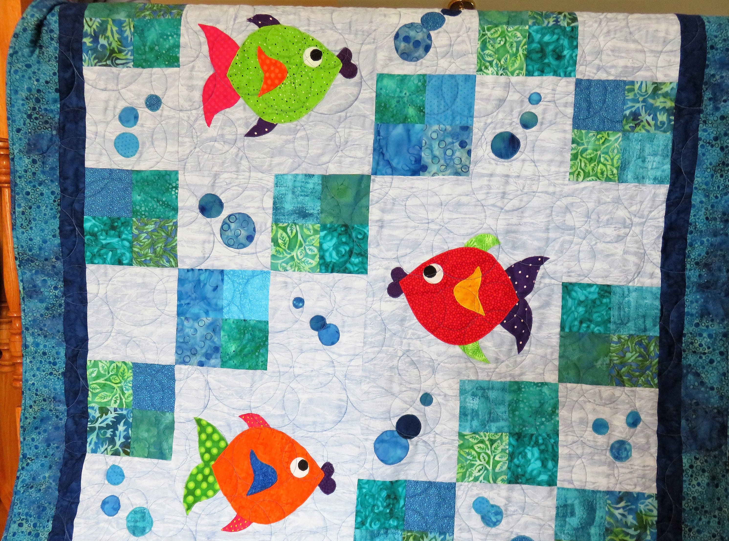 Fish & Bubbles Toddler Quilt Handmade Baby Blanket Floor