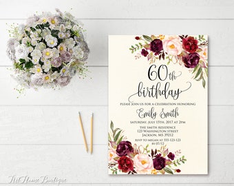 60th Birthday Invitation, Any Age Women Birthday Invitation, Floral Ivory Birthday Invitation, Boho Birthday Invite, #BW41-60