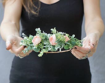 Flower crown wedding, blush bridal flower crown, bridal half crown, half flower crown, greenery crown, bridal headpiece