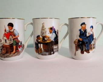 Vintage Norman Rockwell Mugs Set of 3 Mugs The Lighthouse Keeper's daughter For a Good Boy A Dollhouse for a Sis Collectible Mugs