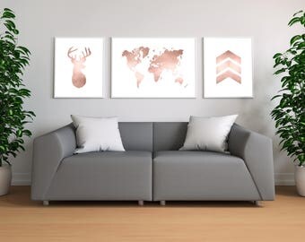 Rose Gold Set of 3 Prints, Rose Gold Map, Rose Gold Decor, Rose Gold Wall Art, Printable Rose Gold, Print Set, 3 Print Set, Rose Gold Print