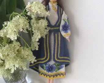 Barbie clothes / gift for her / crochet barbie doll clothes / crochet barbie dress / Attire for Barbie doll in Ukrainian style.