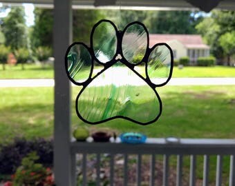 Handmade Stained Glass Dog Paw- Clear Green Streaky