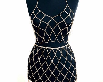 BOHO HEROINE FASHIONS:Gold Metal Body Chain Top & Skirt, Diamond Design w/Scallop Trim Border, Adjustable, 2 Colors - Gold Tone, Silver Tone
