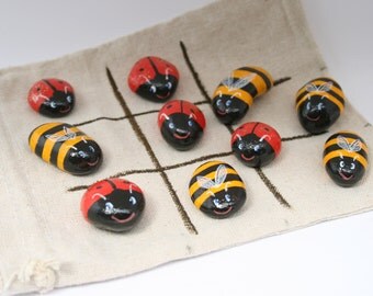 Tic Tac Toe, Noughts and Crosses with Ladybirds and Bees, Painted Pebbles