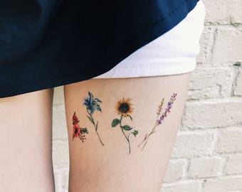 Temporary Tattoos Summer Flower Set of 8, flower tattoos , lavender, rose, peony, lily, sunflower, pink, blue, red,yellow, handmade