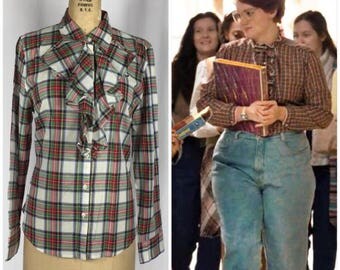 Barb STRANGER THINGS Plaid Ruffle Front Button Down Blouse Hipster Halloween Medium.
