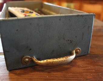 Blue, rusty, industrial, chippy, farmhouse, metal drawer
