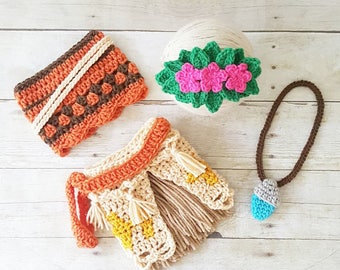 Crochet Baby Moana Set Shirt Tank Headband Flower Flower Headpiece Straw Skirt Necklace Infant Newborn Photography Photo Prop Baby Shower