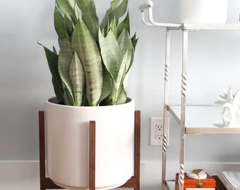 Large - Mid-century Modern Planter with Walnut or Oak Wood Planter Stand - 12" White Cylinder Pot