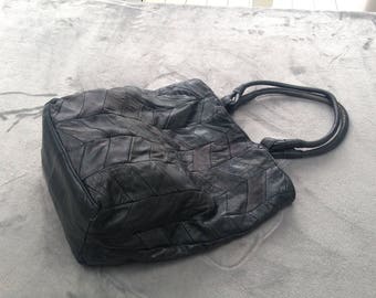 Vintage 1980s soft black patchwork leather shoulder / bucket bag