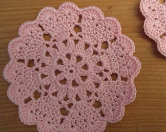 lot of 2 mini-napperons/coasters pink pale crochet diameter 8 cm