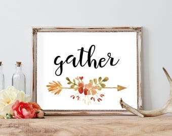 Gather Fall Print, Welcome Fall, Fall Printable, Fall Decor, Fall Sign, Printable Fall Sign, Welcome Autumn, Barnwood Sign, orange